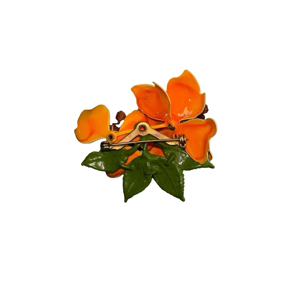 Vintage Enamel Floral Brooch Yellow Orange Flower Pin Retro Mid Century Jewelry